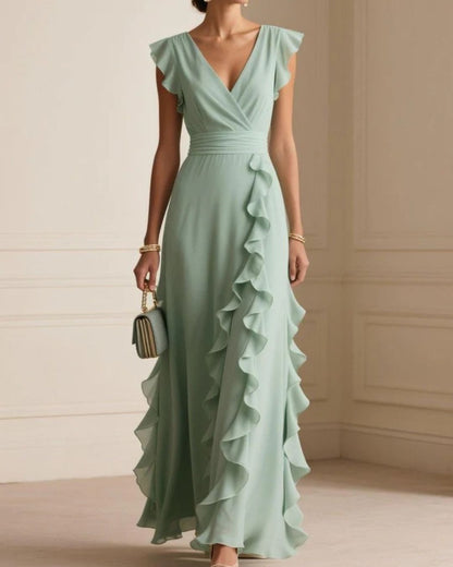 Curvvvy™ Ruffled V Neck Elegant Slit Maxi Dress