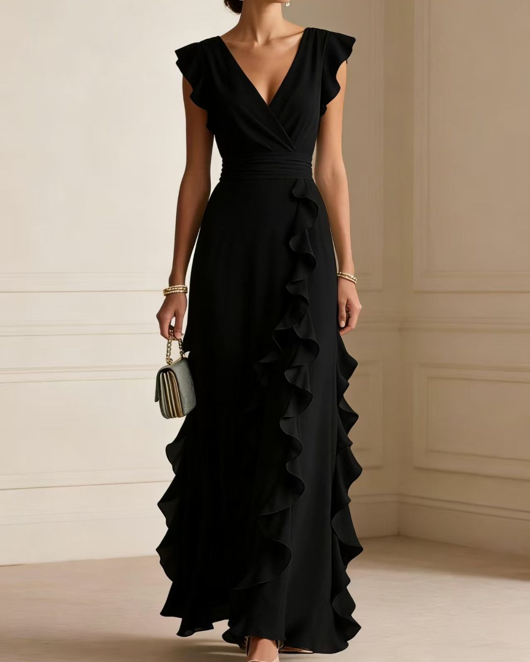 Curvvvy™ Ruffled V Neck Elegant Slit Maxi Dress
