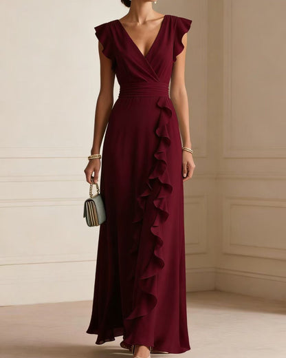 Curvvvy™ Ruffled V Neck Elegant Slit Maxi Dress