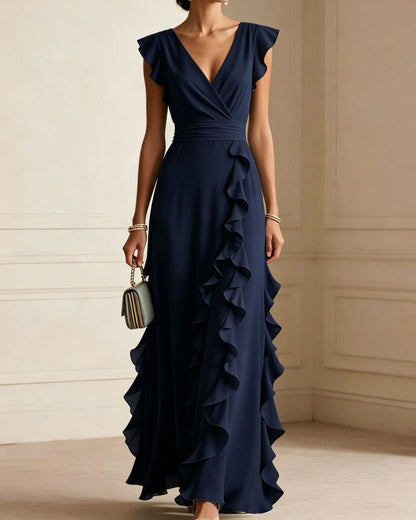 Curvvvy™ Ruffled V Neck Elegant Slit Maxi Dress