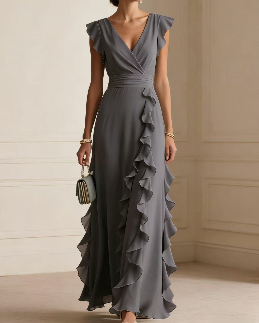 Curvvvy™ Ruffled V Neck Elegant Slit Maxi Dress