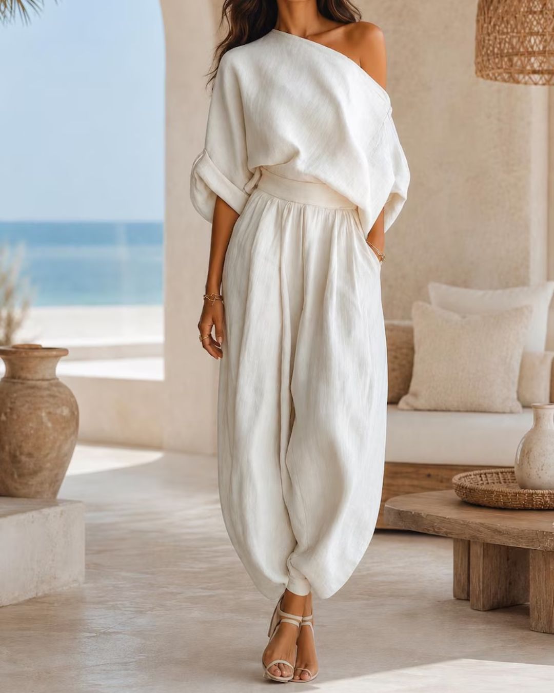 Curvvvy™  Off-White Off-Shoulder Two-Piece Set