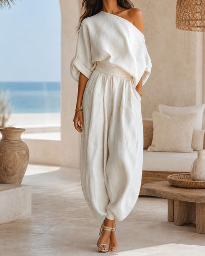 Curvvvy™  Off-White Off-Shoulder Two-Piece Set