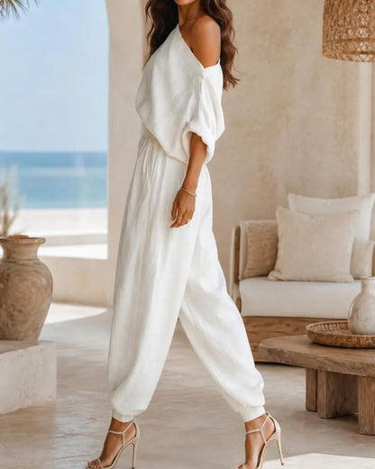 Curvvvy™  Off-White Off-Shoulder Two-Piece Set