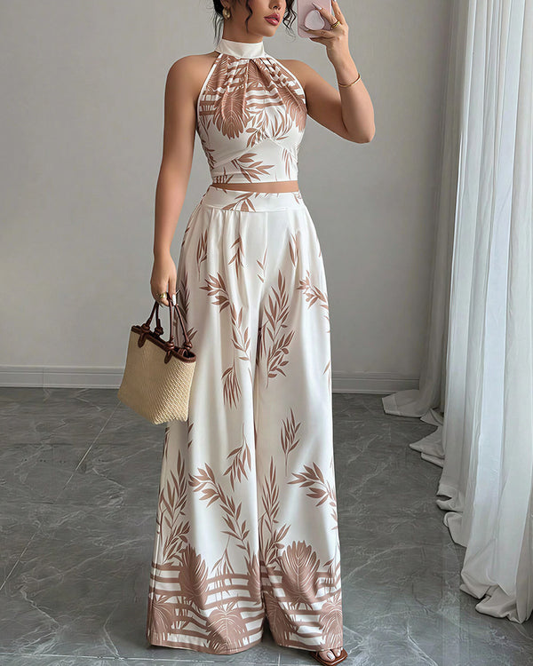 Curvvvy™ Botanical Halter Open-Back Wide Leg Two-Piece Set