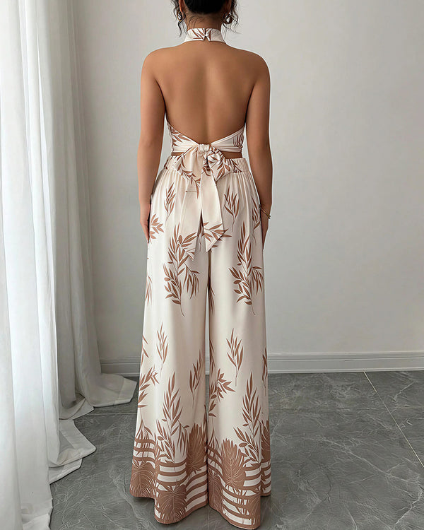 Curvvvy™ Botanical Halter Open-Back Wide Leg Two-Piece Set