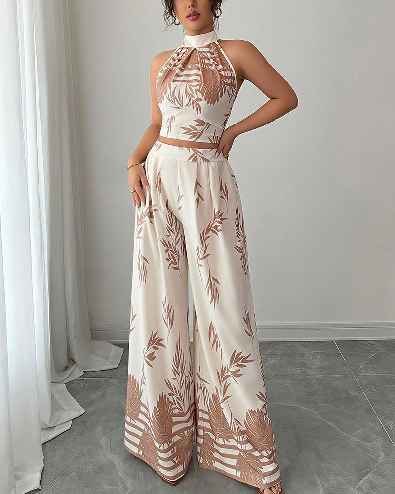 Curvvvy™ Botanical Halter Open-Back Wide Leg Two-Piece Set