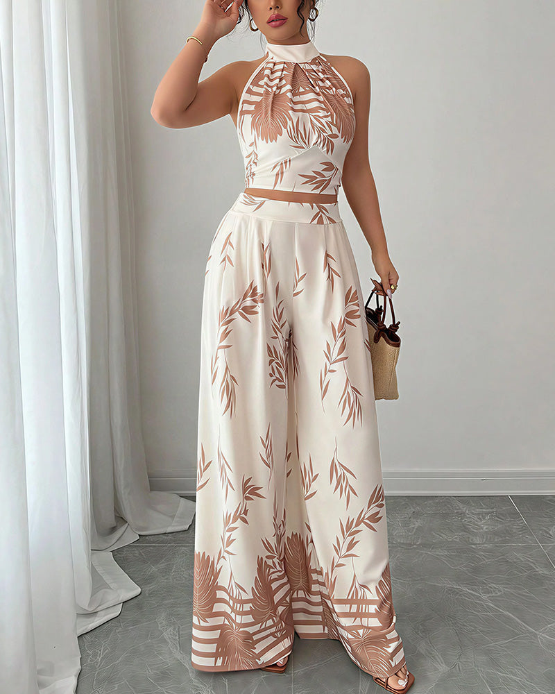 Curvvvy™ Botanical Halter Open-Back Wide Leg Two-Piece Set