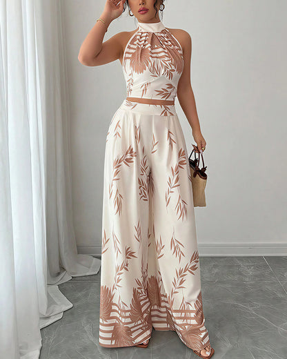 Curvvvy™ Botanical Halter Open-Back Wide Leg Two-Piece Set