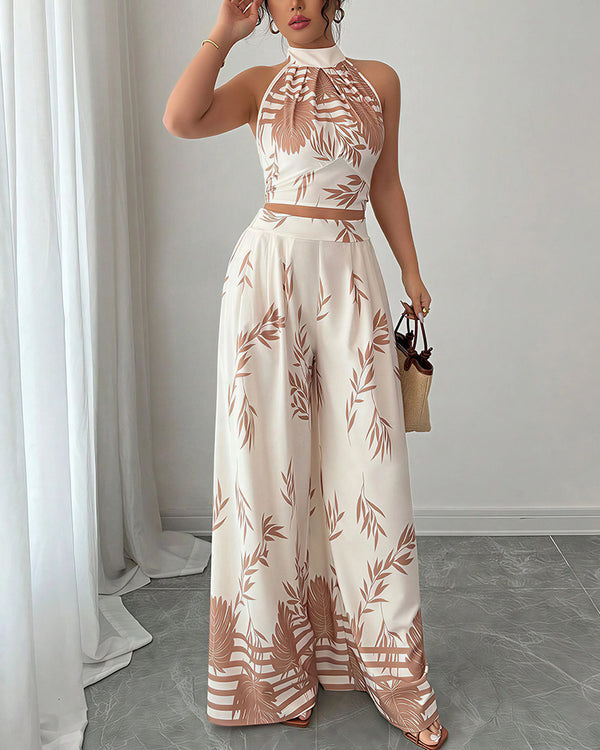 Curvvvy™ Botanical Halter Open-Back Wide Leg Two-Piece Set