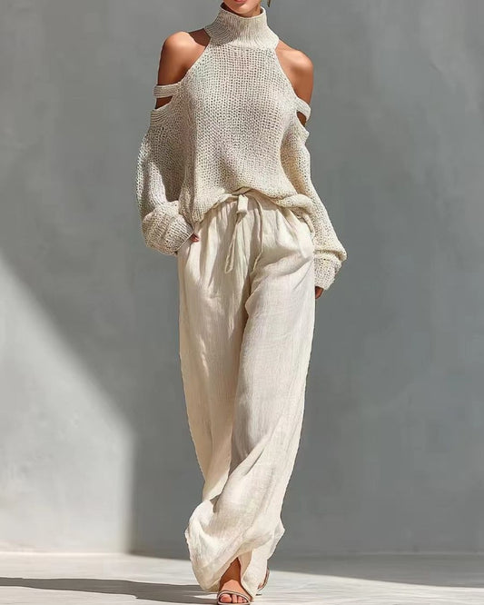 Curvvvy™ Knit Cold-Shoulder Turtleneck Wide-Leg Pants Set