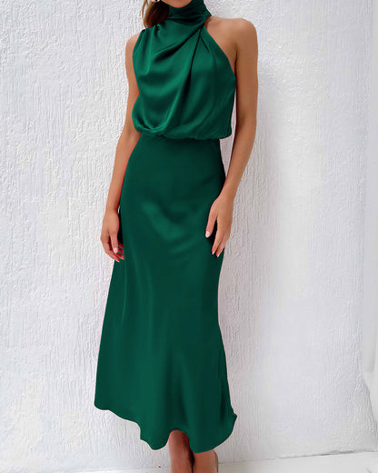 Curvvvy™ Elegant High-Neck Draped Satin Midi Dress