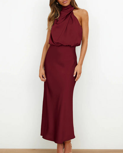 Curvvvy™ Elegant High-Neck Draped Satin Midi Dress