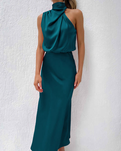 Curvvvy™ Elegant High-Neck Draped Satin Midi Dress