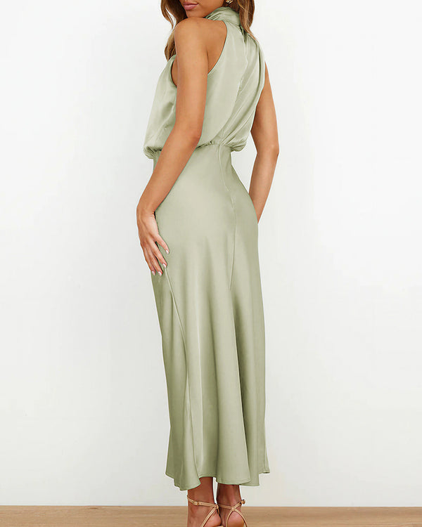 Curvvvy™ Elegant High-Neck Draped Satin Midi Dress