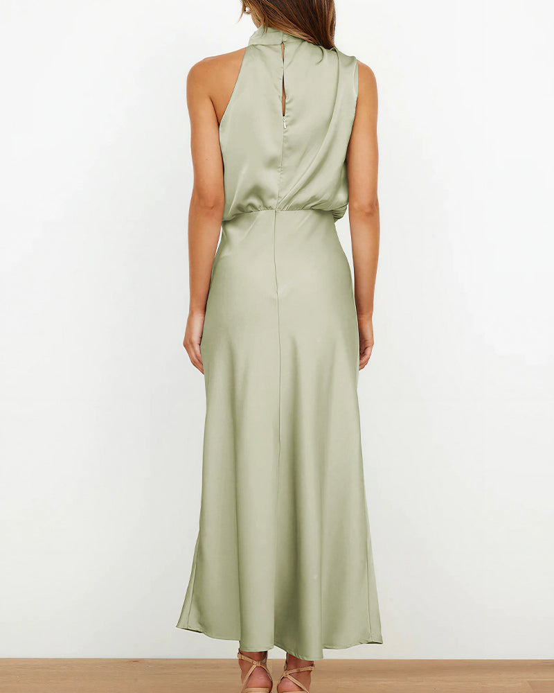 Curvvvy™ Elegant High-Neck Draped Satin Midi Dress