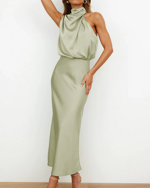 Curvvvy™ Elegant High-Neck Draped Satin Midi Dress