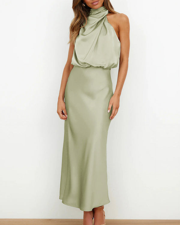 Curvvvy™ Elegant High-Neck Draped Satin Midi Dress