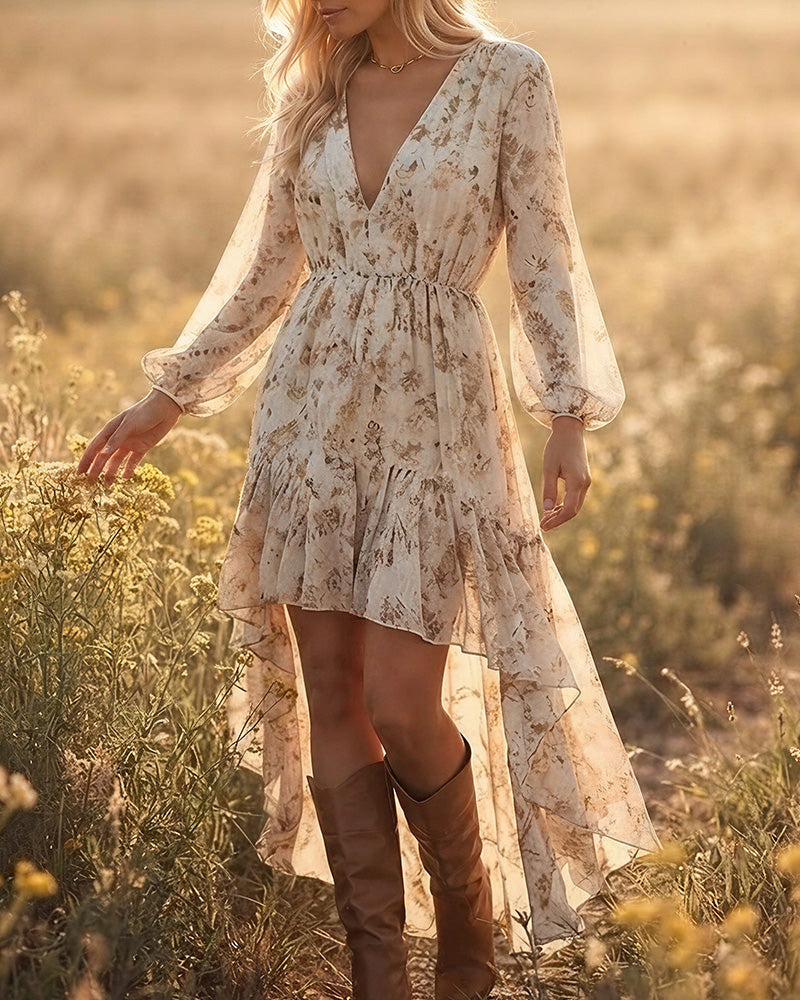 Curvvvy™ Bohemian Floral V-Neck Asymmetrical Maxi Dress