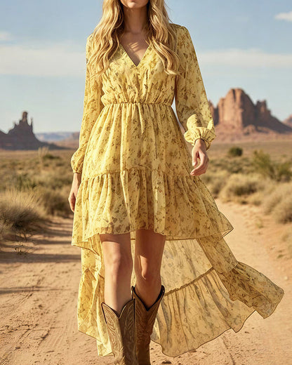 Curvvvy™ Bohemian Floral V-Neck Asymmetrical Maxi Dress