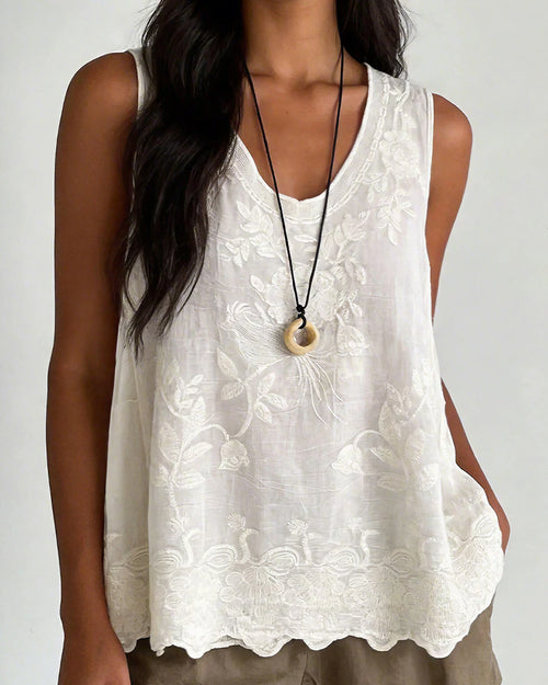Curvvvy™ Vintage Floral Embroidered Cotton Linen Sleeveless Top