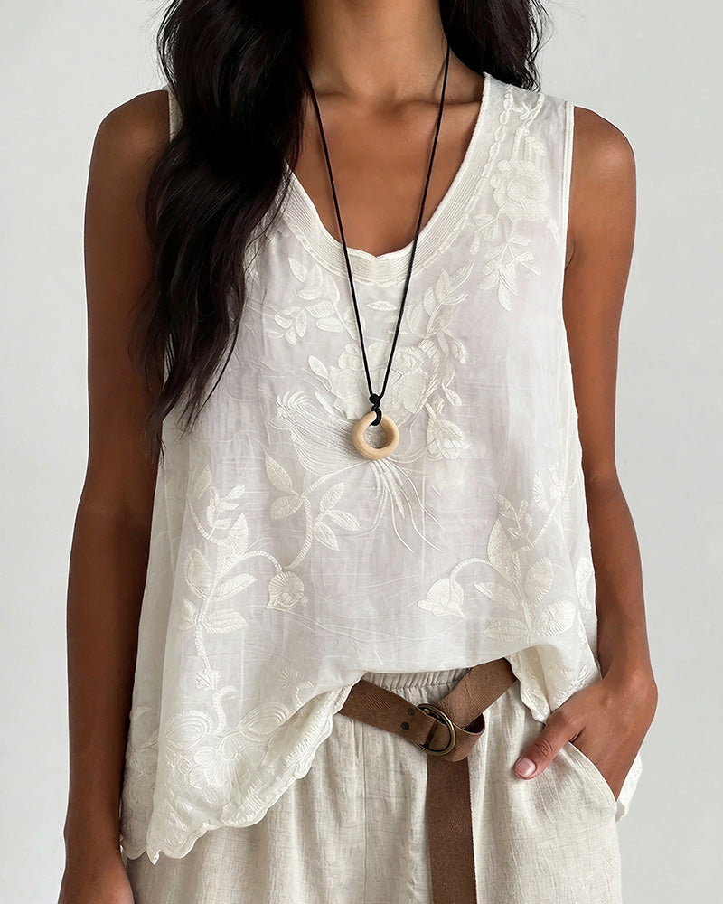 Curvvvy™ Vintage Floral Embroidered Cotton Linen Sleeveless Top