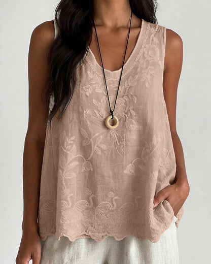 Curvvvy™ Vintage Floral Embroidered Cotton Linen Sleeveless Top