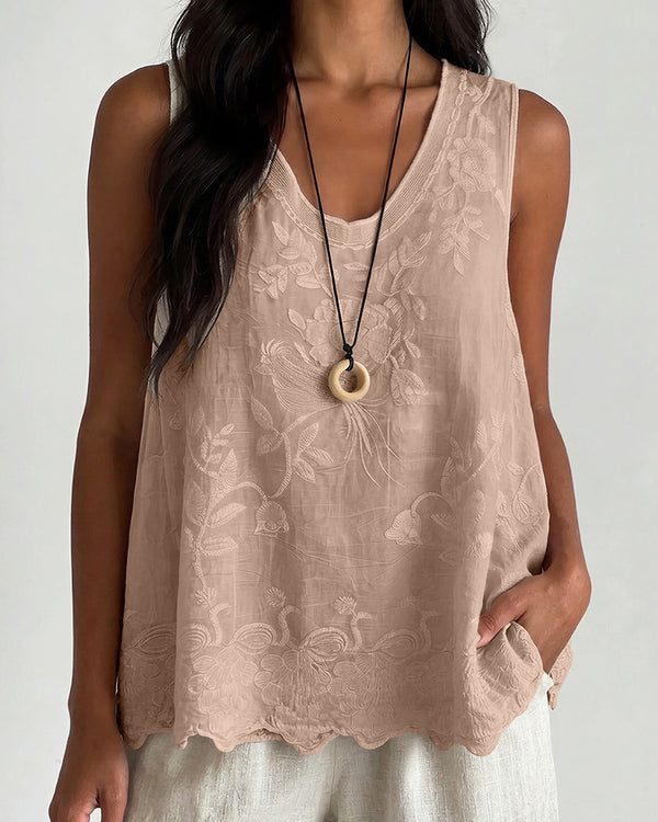 Curvvvy™ Vintage Floral Embroidered Cotton Linen Sleeveless Top
