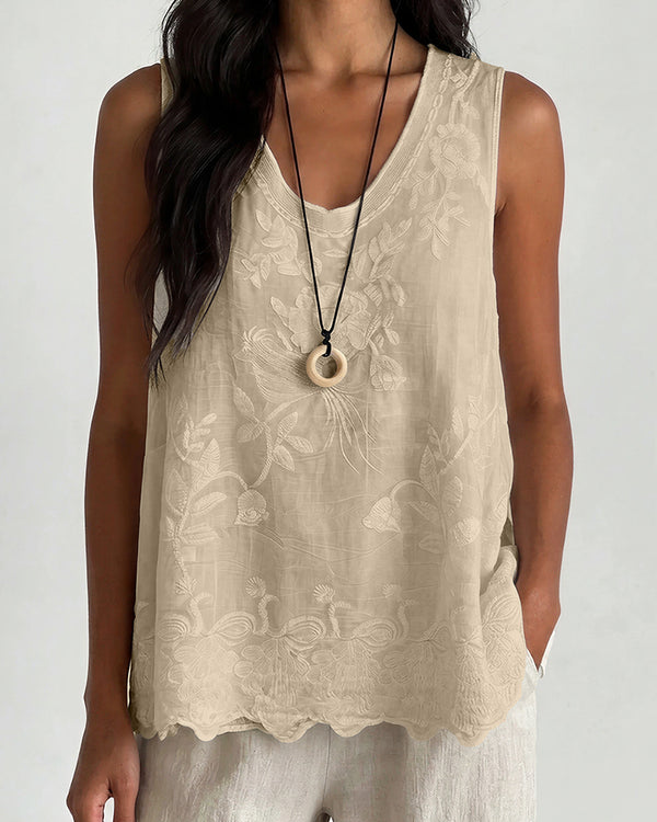 Curvvvy™ Vintage Floral Embroidered Cotton Linen Sleeveless Top