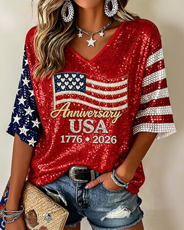 Curvvvy™ Anniversary 1776-2026 V-Neck Graphic T-Shirt