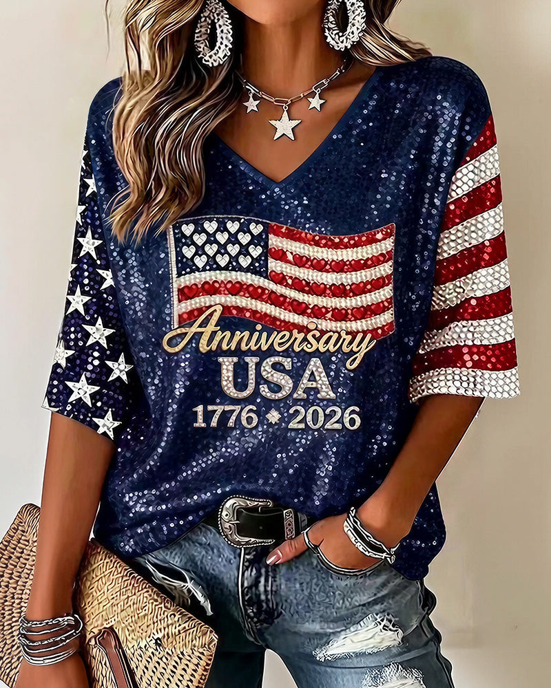 Curvvvy™ Anniversary 1776-2026 V-Neck Graphic T-Shirt
