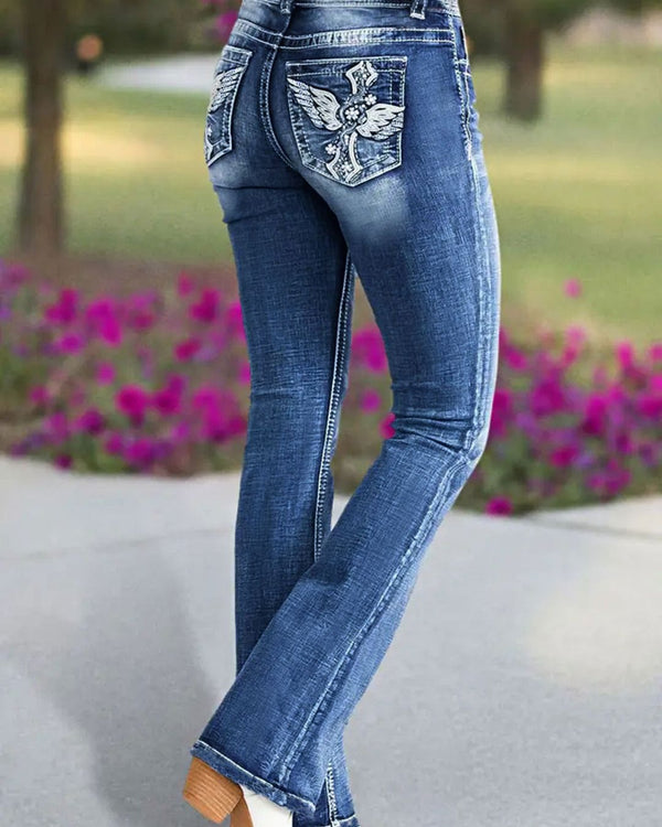 Curvvvy™ Embroidered Mid-Rise Flared Jeans