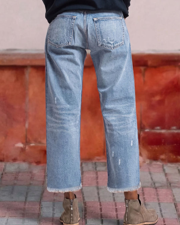 Curvvvy™ Wash Raw Hem Mid Rise Crop Straight Jeans