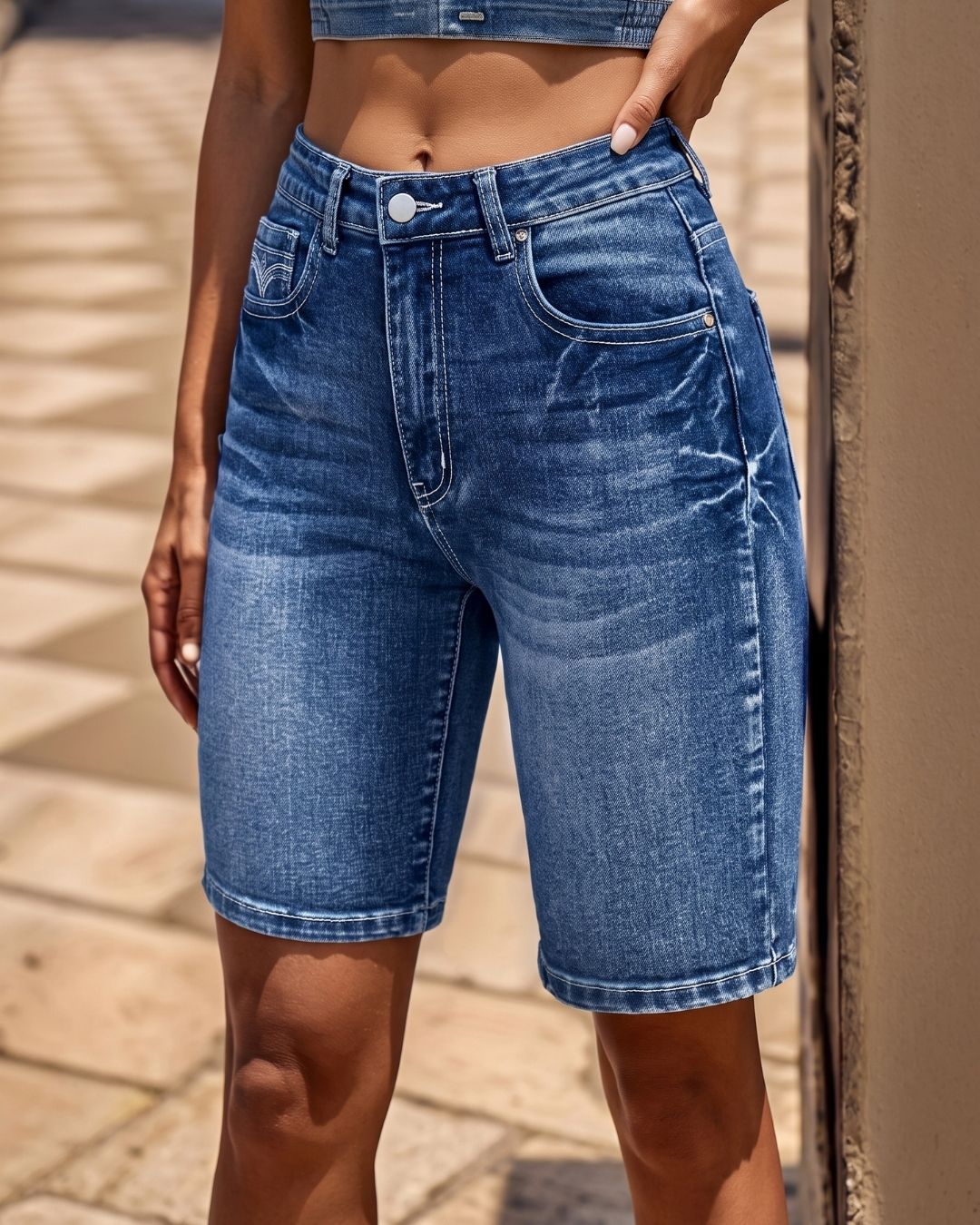 Curvvvy™ Wash Embroidery Mid Waist Denim Bermuda Shorts
