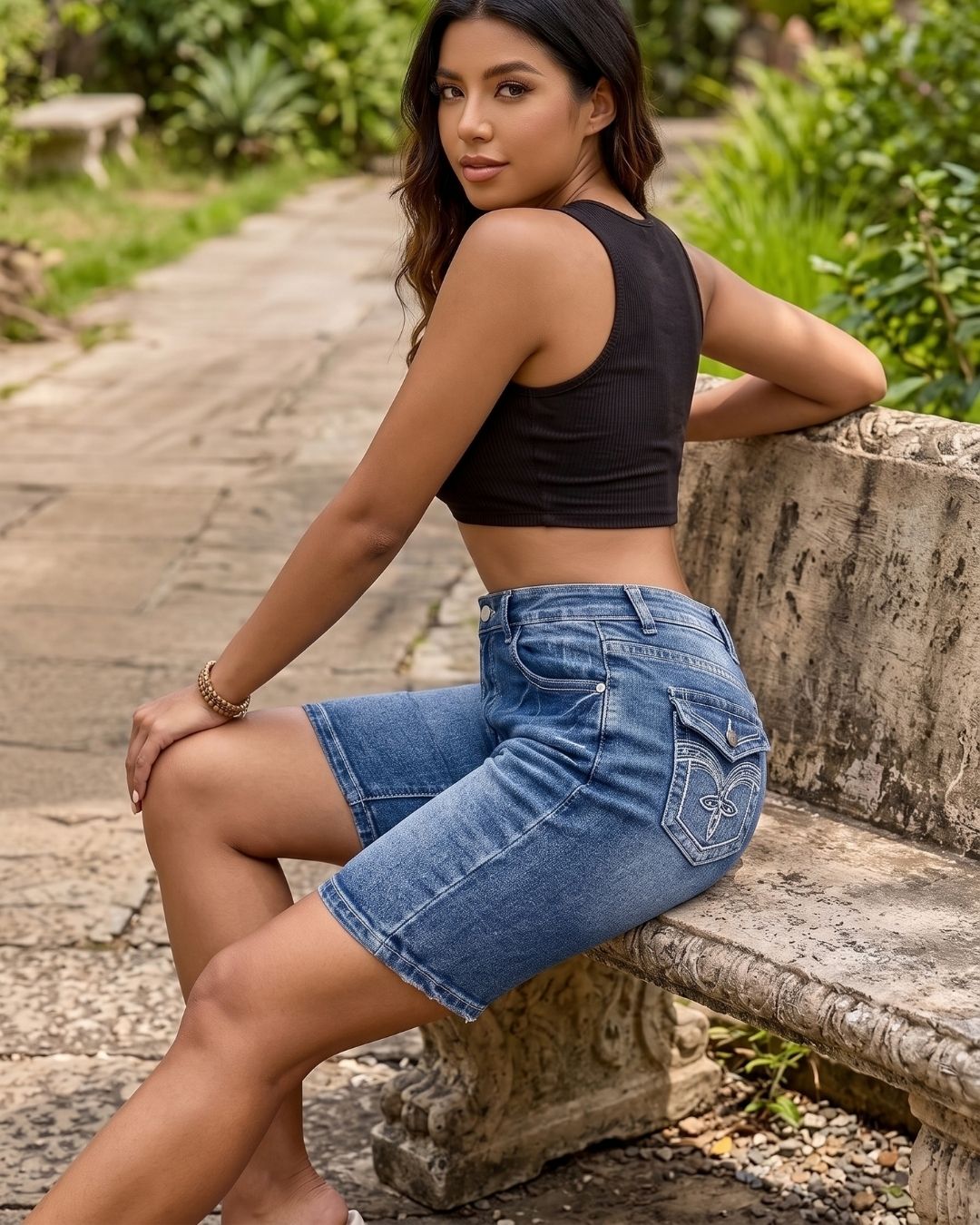 Curvvvy™ Wash Embroidery Mid Waist Denim Bermuda Shorts