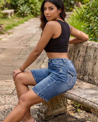 Curvvvy™ Wash Embroidery Mid Waist Denim Bermuda Shorts