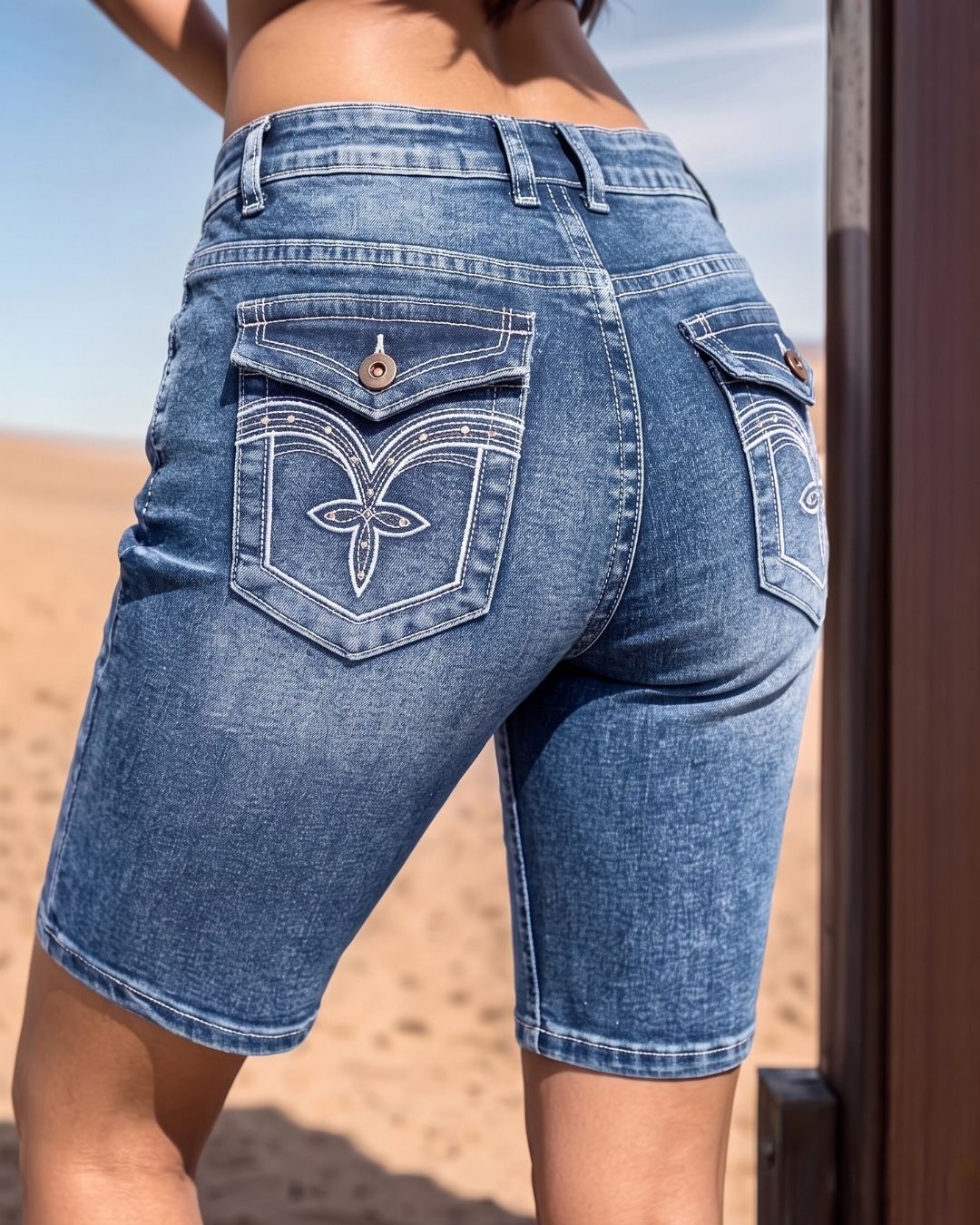Curvvvy™ Wash Embroidery Mid Waist Denim Bermuda Shorts