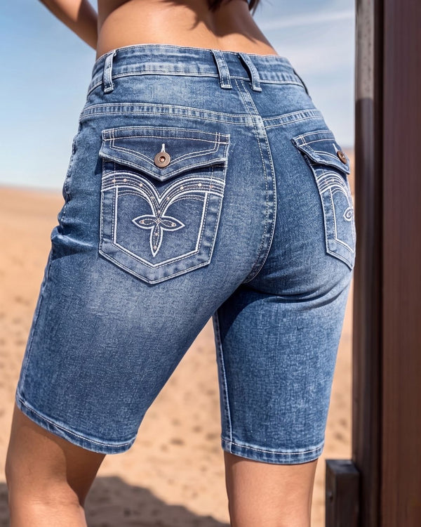 Curvvvy™ Wash Embroidery Mid Waist Denim Bermuda Shorts