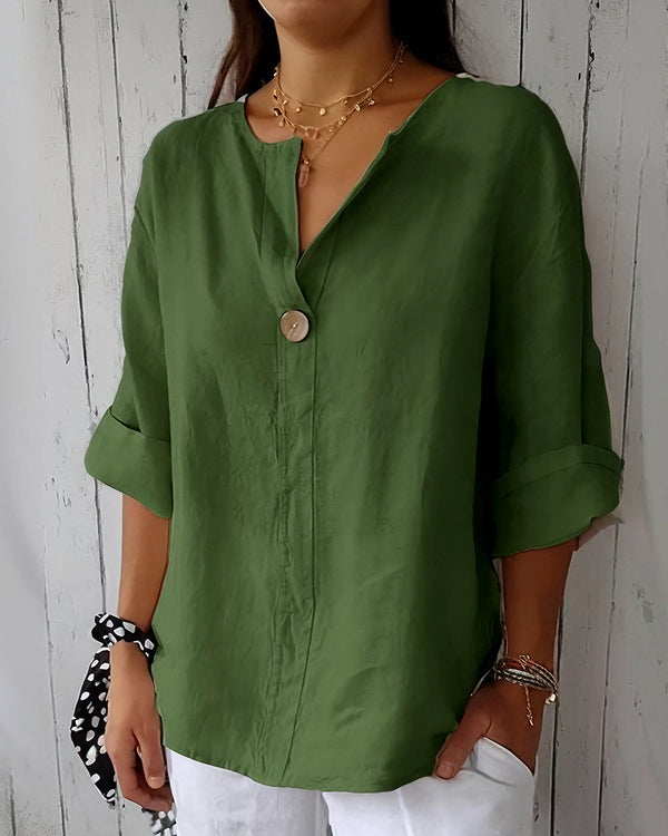 Curvvvy™ Casual V-Neck Cotton Linen Blend Button Down Top