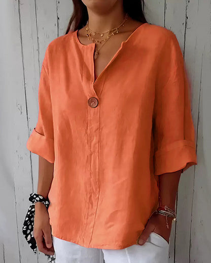 Curvvvy™ Casual V-Neck Cotton Linen Blend Button Down Top