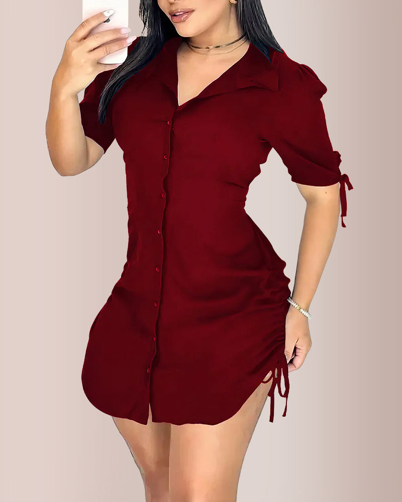 Curvvvy™ Ruched Side Button-Down Mini Shirt Dress