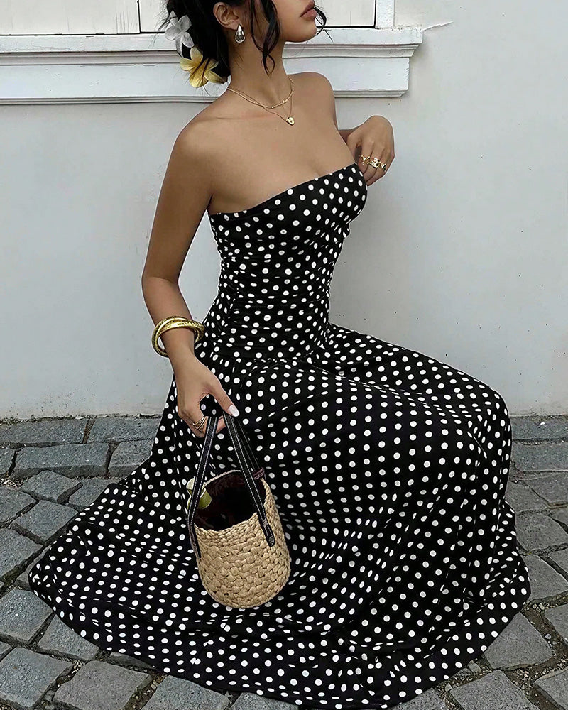 Curvvvy™ Vintage Polka Dot Strapless Ruffle Maxi Dress
