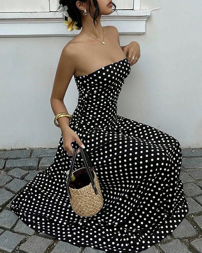 Curvvvy™ Vintage Polka Dot Strapless Ruffle Maxi Dress