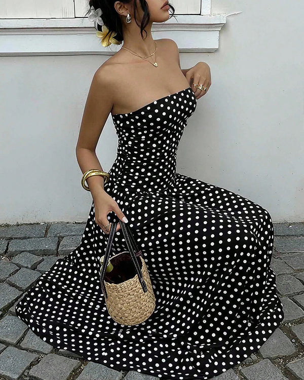 Curvvvy™ Vintage Polka Dot Strapless Ruffle Maxi Dress