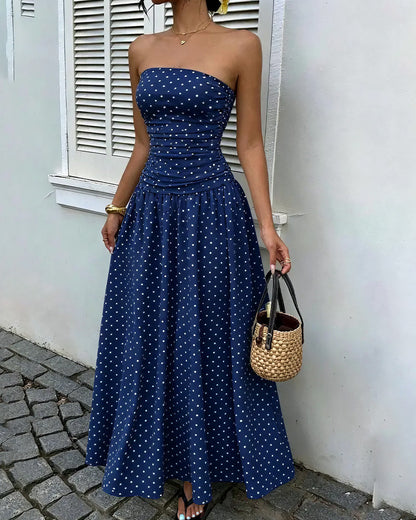 Curvvvy™ Vintage Polka Dot Strapless Ruffle Maxi Dress