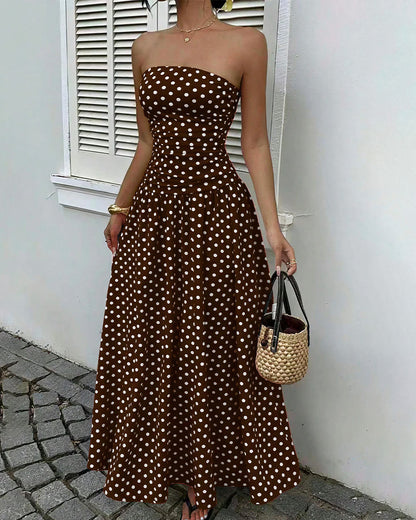 Curvvvy™ Vintage Polka Dot Strapless Ruffle Maxi Dress