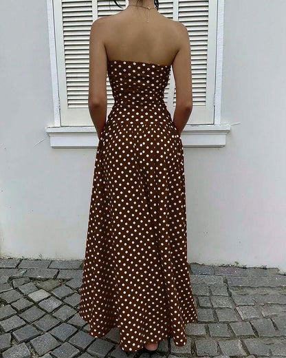 Curvvvy™ Vintage Polka Dot Strapless Ruffle Maxi Dress