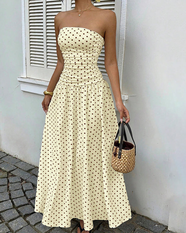 Curvvvy™ Vintage Polka Dot Strapless Ruffle Maxi Dress