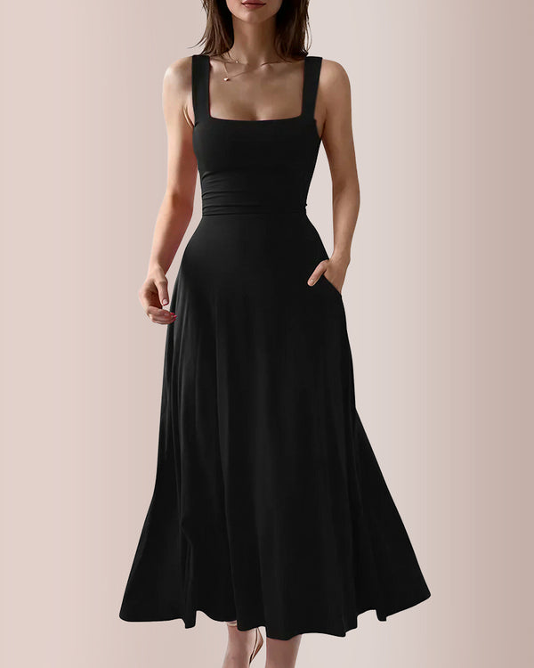 Curvvvy™ Wide Strap Back Tie A-Line Midi Dress With Pockets
