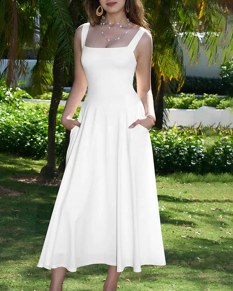 Curvvvy™ Wide Strap Back Tie A-Line Midi Dress With Pockets